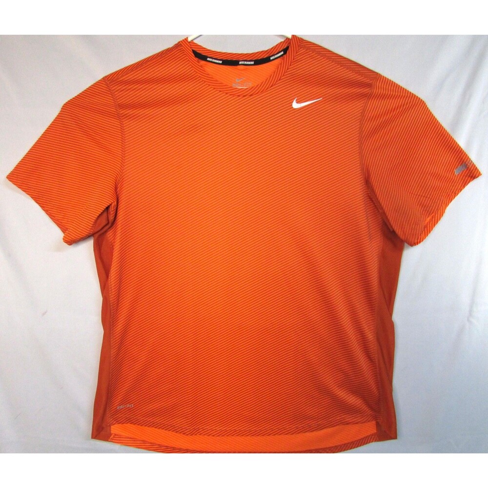 Nike Dri-FIT Shirt Mens XL Orange Stripe Short Sleeve Running Performance Top